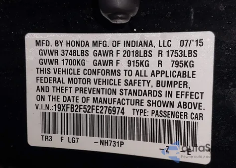 2015 Honda Civic Lx from USA, damaged, VIN 19XFB2F52FE276974